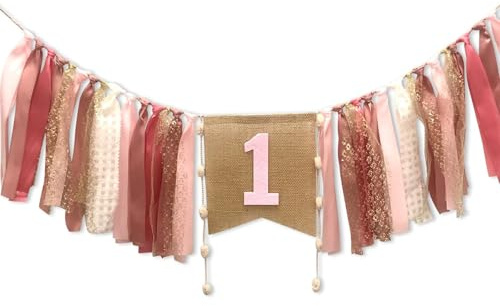 Happy Birthday Girlande Sackleinen, Girlande Geburtstag Leinen, Rosa Quasten Banner, Elegant Hochstuhl Banner, Sackleine One Hochstuhl, Geburtstagsdeko 1 jahr, für Babygeburtstag