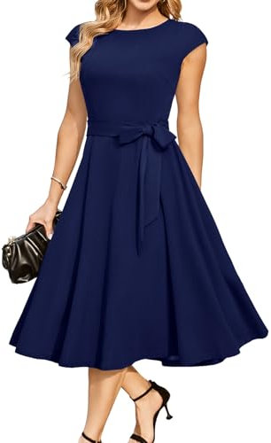 DRESSTELLS Cocktail Dresses for Women UK, Fall Formal Wedding Guest Graduation Prom Vintage Tea Party Modest Casual Dress 2025 Navy XL