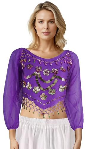 MUNAFIE Bauchtanz Oberteil Bauchtanz Kostüm Damen Pailletten Oberteil Damen 3/4 Ärmel Pflaumengemustertes Tanz Top mit Glocken Lila