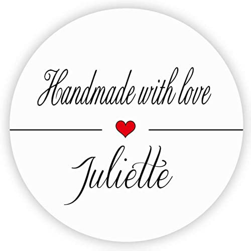 MameArt 50stk 4cm Aufkleber Personalisiert Handmade with Love mit Namen, Sticker für Hochzeit Taufe Kommunion Feste Geschenke Präsente (Weiß)