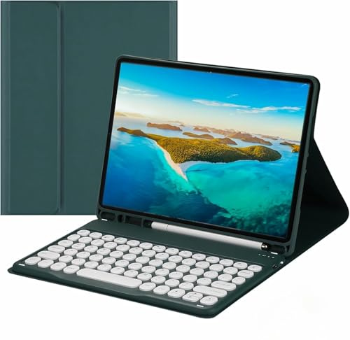 NUWONAYA Keyboard Case for Galaxy Tab S10 Lite/ S10 FE/ S9 FE/S9/S8/S7 with Pen Holder,Slim Round Key Cute Candy Color Stand Cover with Magnetic Detachable Wireless Keyboard,Teal