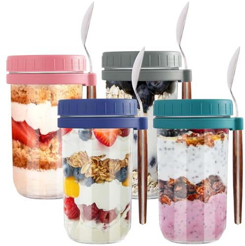 Aevcvok 4 Overnight Oats Jar, 600ml Tarros de Cristal con Tapa Hermética, Frascos de Vidrio con Tapa y Cuchara, Vasos Cristal con Marcas de Medida para Yogurt, Avena, Budín, Ensalada