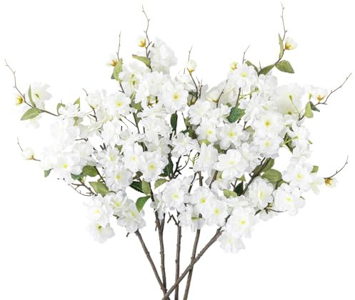 LEUCHTAMOR 5PCS Künstliche Kirschblütenzweige Weiß Künstliche Kirschblütenzweige Faux Kirschblüte Stämme Seide für Frühling Hochzeit Indoor Outdoor DIY Party Dekor
