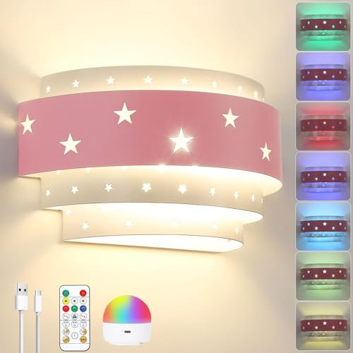 Glowlit Kids Wall Lights Pink Battery Wall Lights with Remote & Touch Control,19 Colours Cute Kids Room Decor for Girls, USB Rechargeable Cordless Wall Lamp for Bedroom Nursery Bedside