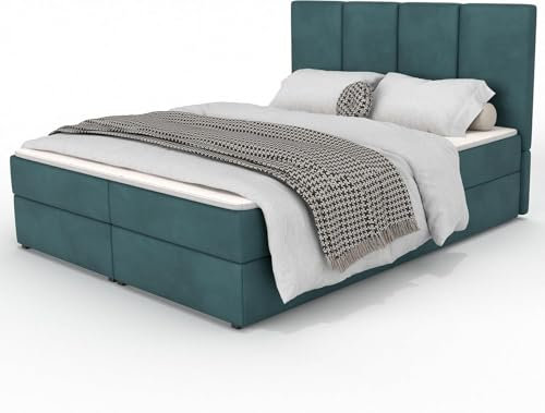 Muralo - Boxspringbett 180x200 cm - Polster-Bett mit Stauraum und Bonell-Matratze H4 - Doppelbett mit gepolstertem Kopfteil - Türkis