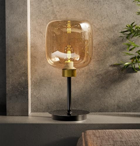 Vrygle Tischlampe Glas Nachttischlampe Vintage: Tischleuchte im Industriestil, Lampenschirm aus Bernsteinfarbenem Glas, 3000 K Warmes Licht, Leselampe für Schlafzimmer, Wohnzimmer, Schlafsaal