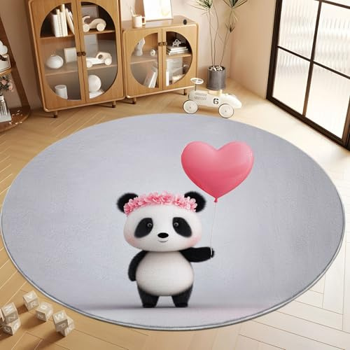 Generisch Runder Teppich Cartoon-Kranz-Panda Luftballons 160 cm Weich Kurzflor Flanell Rund Teppich, Grau Rutschfester Runde Teppiche für Eingangsbereich Schlafzimmer Kinderzimmer