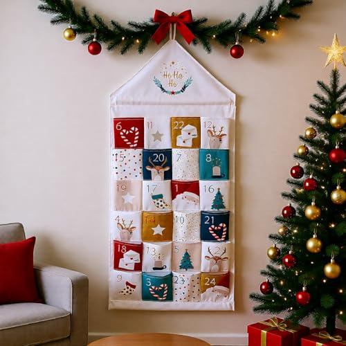 Festlicher Adventskalender zum Befüllen, Weihnachtlicher Stoff-Kalender mit 24 Taschen, Rentier und Weihnachtsbaum Design, 90x40 cm, Weiß-Gold mit Ho Ho Ho Motiv