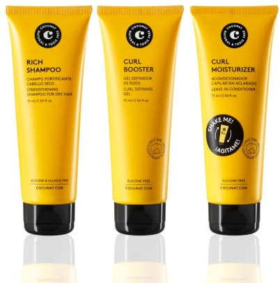 COCUNAT Travel Size Locken 75 ml Shampoo + Leave-In + Curl Booster | Reisegröße 75 ml. Definiert, spendet Feuchtigkeit und reduziert Frizz. Curly-Methode. Ohne Sulfate und Silikone.