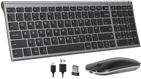 seenda Compact Wireless Keyboard and Mouse Combo Rechargeable Black Grey | Ultra Slim Silent Cordless Keyboard Mouse Set with Metal Base and Number Pad, UK QWERTY Layout for Office Home Travel