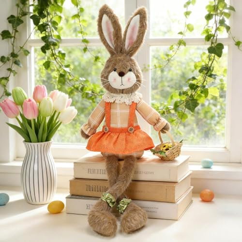 Timasser Osterdeko Osterhasen Figuren Wichtel mit Teleskopbeinen Ostern Deko Osterhasen Gross mit Karotten Tischdeko Figur Frühlingsdeko Ostern Geschenke für Zuhause Wohnzimmer (A)