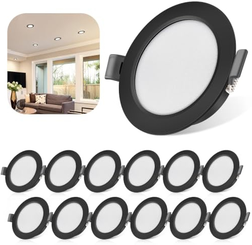 LED Einbaustrahler 230V, 5W Flach LED Spot IP44 12er Set 4000K Neutralweiß | 68-80mm EinbauØ Deckenspots Einbauleuchten 450LM, Einbautiefe 25mm Deckenstrahler Schwarz für Badezimmer Wohnzimmer Küche