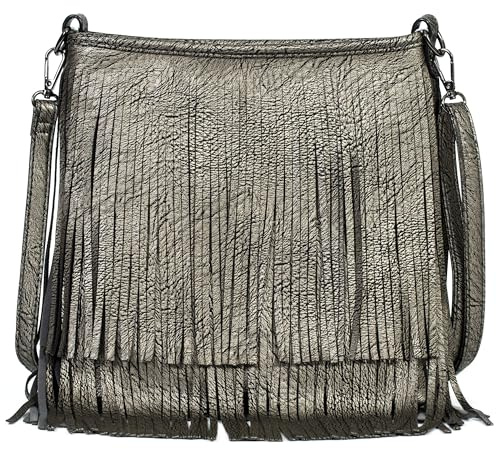 Big Handbag Shop Tassel Fringe Shoulder Bag for Women - Faux Leather Crossbody Messenger with Long Strap - Dakota (Metallic Grey)