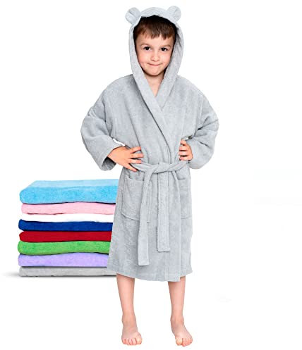 Twinzen - Peignoir Enfant Coton pour Fille et Garçon - 100% Coton Oeko-TEX® sans Produits Chimiques- 2 Poches, Ceinture, Capuche avec Oreilles,3-4 ans,Gris