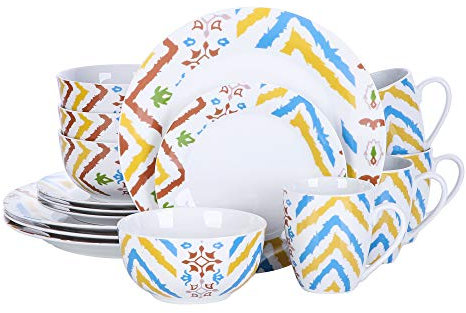 VEWEET Geschirrset 4 Personen, 16-tlg. Porzellan Tafelservice, Boho Kombiservice mit Speisetellern, Desserttellern, Müslischalen und Kaffeebechern, Spülmaschinen- & Mikrowellengeeignet, Serie ARRIS