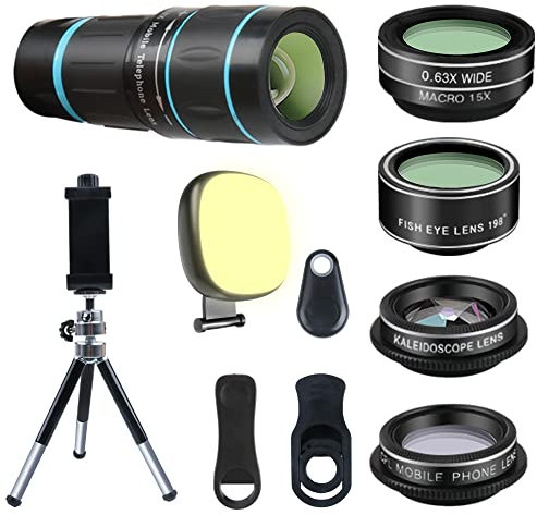 Objectif d'appareil photo de téléphone, 6 lentilles + lumière LED + obturateur à distance + trépied, téléobjectif 18x, grand angle, macro, fisheye, CPL, kaléidoscope pour iPhone Xs X XR 8 7 6 Plus