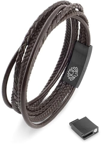 Akitsune Ambush Synthetisches Lederarmband | Magnetverschluss aus Edelstahl - Wickelarmband für Männer Herren - Armband inkl. schöner Schmuckschachtel - Schwarz-Braun - 20,00 cm