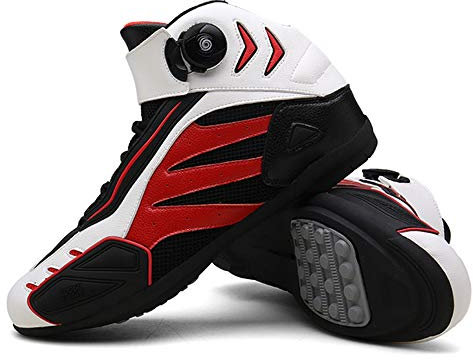 MRDEAR Motorradschuhe Herren, Motorrad Schuhe Kurze Ankle Boot mit Gangverstellung, Leichte Atmungsaktives Sneaker Sportschuhe Motocross Stiefel Turnschuhe Gepanzert, Rot Weiß (43 EU)