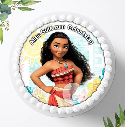 Für den Geburtstag ein Tortenbild mit Wunschname, Zuckerbild mit dem Motiv: Vaiana, Essbares Foto für Torten, Tortenbild, Tortenaufleger Ø 20cm - Super Qualität 0205W