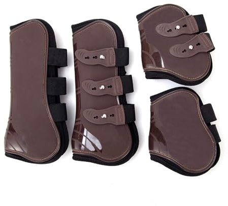 Merauno® Gamaschen Pferde 4er Set Sehne Schützer Fetlock Pferdesprungschutz Vorne Hinter Paar Robust Elastisch PU Shell Neopren Knopfverschluss 2 Paar für Damen& Herren (S(Pony), Braun)