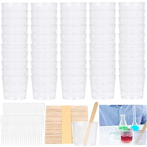 UTRUGAN 50 PCS Vasos Graduados de Plástico 30ml 50 PCS Goteros 50 PCS Palos de Madera Vasos Medidores de Plástico Jarras Medidoras Transparente Copas Graduadas de Plástico Tazas de Mezcla Graduadas