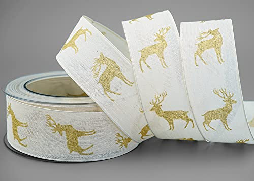 finemark 20 m x 40 mm Dekoband Hirsch Creme Gold Geschenkband mit Drahtkanten glänzend Draht Schleifenband Stoffband Deko Geschenkverpackung Glitzer Band Herbst Winter Weihnachten Advent