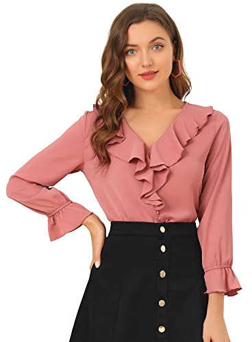 Allegra K Chemisier en Mousseline de Soie à col en V et à Volants pour Femmes Rose foncé XL