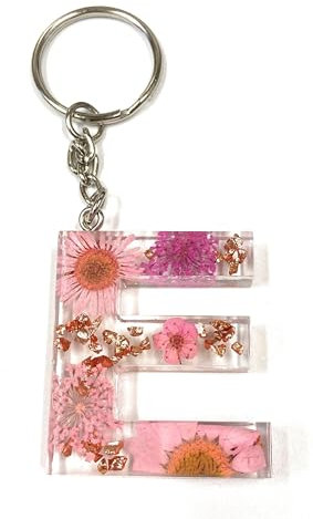Cotswold Crafts By Emma Personalised Handmade A-Z Letter Keyring with Pink Pressed Flowers and Rose Gold Foil – Custom Keychain Gift or Bag Charm for Women, Men, Kids, Handbags, or Backpacks- Letter E