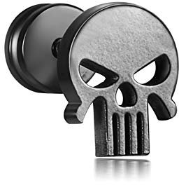 BlackAmazement 316L Edelstahl Fake Plug Piercing Ohrstecker Totenkopf Death Skull Schädel Silber Schwarz Gold Regenbogen Biker Herren (Black)