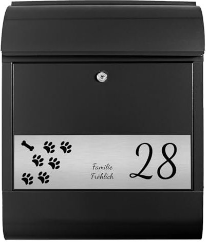 Banjado® Personalisierter Briefkasten Mit Graviertem Namensschild in Silber - Schwarz 39x47x14cm - Mit Hausnummer, Namen & Motiv Tatzen - Mit Zeitungsfach