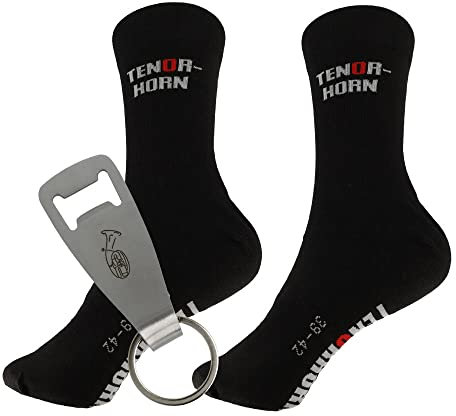 mugesh Geschenkset Musiker - Socken mit Instrument und Flaschenöffner-Schlüsselanhänger (39-42, Tenorhorn)