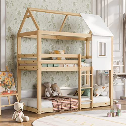 WEALTHGIRL 3FT Bunk Bed Cabin Bed Single Bed with Solid Pine Wood,Bed Frame Tree House with Ladders for Bedroom (Natural)