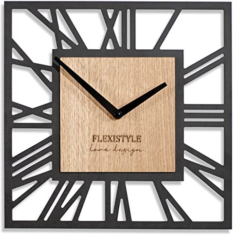 FLEXISTYLE Wanduhr ohne tickgeräusche modern LOFT Piccolo Square 30cm Wohnzimmer Badezimmer (Schwarz Eiche), z219n