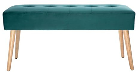 Miliboo Gepolsterte Bank aus petrolblauem Stoff mit Samteffekt und hellem Holz B95 cm GUESTA