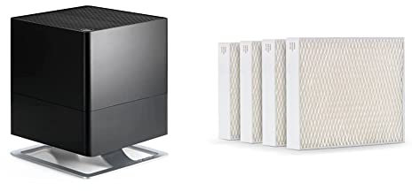 Stadler Form Luftbefeuchter Oskar, energiesparender Raumbefeuchter für Räume bis 50 m² schwarz & Luftbefeuchter-Filter, effizient und hygienisch, Set mit 4 Stück