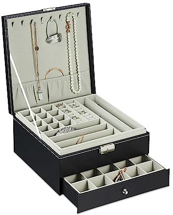 Relaxdays Schmuckaufbewahrung, Schmuckkasten in Lederoptik, Ringhalter, Einlage & Schublade, HBT: 13x26x26 cm, Schwarz