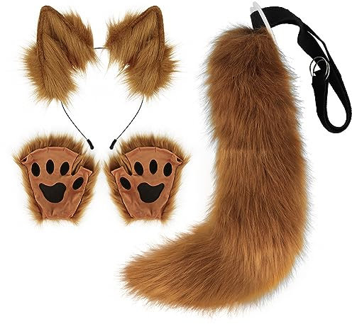 URFEDA Fuchskostüm Set: Schwanz und Ohren Set Faux Furry Fox Wolf Tail Kit mit Langer Fuchsschwanz und Ohren und Handschuhe für Karneval Party Dekoration Kostüm Dressing Parteien