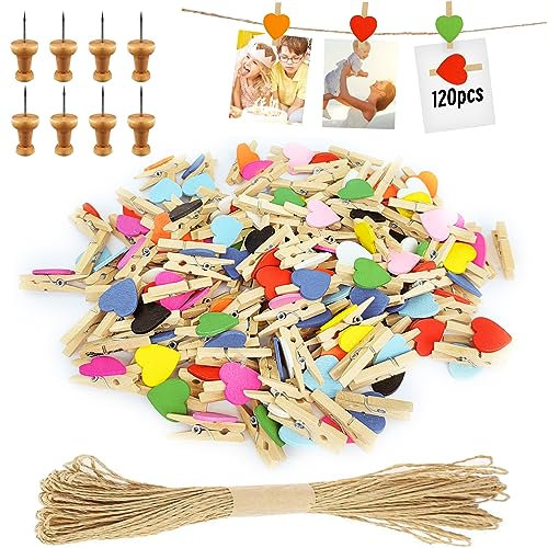 Hengxinc Lot de 120 Mini Pince à Linge Bois Le cœur Mini Pince à Linge Mariage Petite Epingle en Bois pour Photo pour Polaroid Photo avec 10M Corde de Jute DIY Mini Epingle en Bois Photo (Couleur)