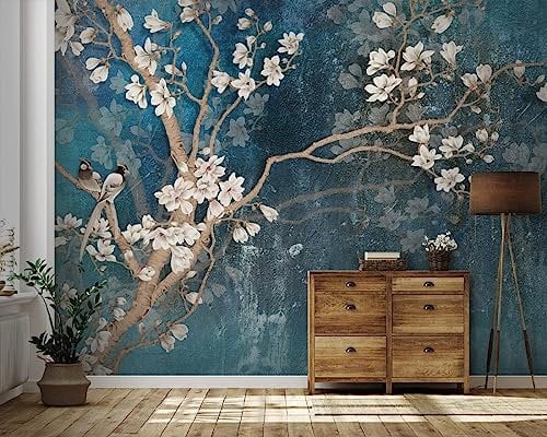Fototapete 3D Effekt Vintage Zweige Magnolien Vögel Tapeten 3D Effekt Vliestapete Wohnzimmer Schlafzimmer Wandbilder Wanddeko
