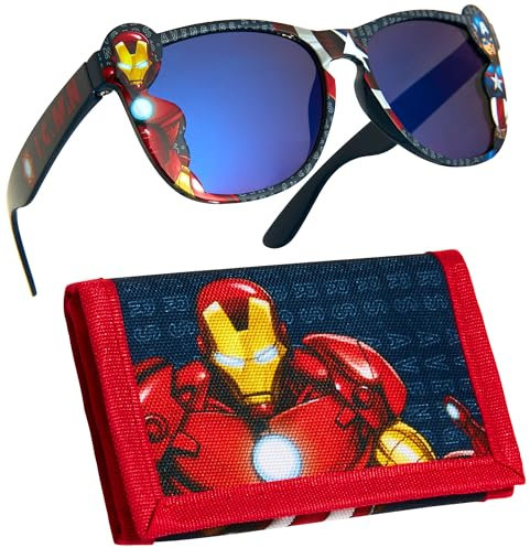 Marvel Sonnenbrille UV Schutz & Geldbeutel Kinder Set - Geschenke für Jungs (Rot/Schwarz Avengers)