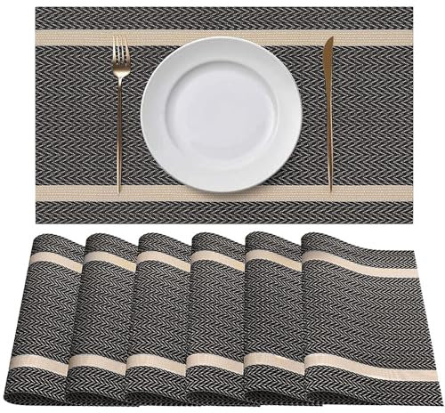 Aieino Placemats Set of 6 - PVC Table Mats Heat Resistant Place Mats Non-Slip Woven Vinyl Plastic Placemats Washable Durable Waterproof Elegant for Home Kitchen Restaurant Dinning (Brown)