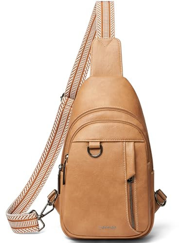 LATMAP 7L Sling Bag Damen,Brusttasche Damen Kleine Crossbody Bag PU Leder Tasche Umhängetasche Diebstahlsicher Schultertasche für Outdoor Sport,Tan