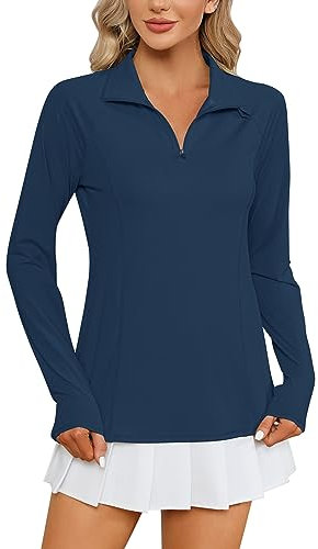IECCP Women's Long Sleeve Golf Polo Shirts Lightweight Quick Dry Moisture Wicking Athletic Tennis Sports Tops UPF 50+ Sun Protection Rash Guard with Pockets and Holes Navy Blue M