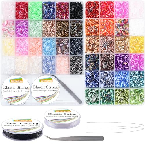 EuTengHao 14400pcs Kit de perles en tube, perles de rocaille en verre Petites perles pour le bricolage et la fabrication de bijoux (7mm, 300 par couleur, 48 couleurs)