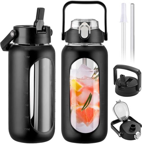 BLUEGO 2000ml Glass Water Bottles with 2 Lids Flip Lid and Spout Lid Half Gallon Water Bottle with Straw 2L Large Water Bottle with Time and Capacity Markers for Gym Home Office Leak-proof, Black