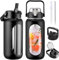 BLUEGO 2000ml Bouteilles d'eau en verre avec 2 couvercles Gourd avec paille 2L Grande bouteille d'eau avec marqueurs de temps et de capacité pour salle de sport Maison Étanche, Noir