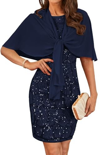 GRACE KARIN Knielang Sexy Figurbetontes Paillettenkleid Ärmelloses Rundhalsausschnitt Bequemes Zweiteiliger Sommerkleid für Party Disco Dunkelblau 46