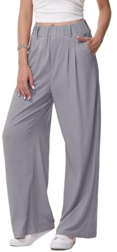 HMIYA Weite Hosen Damen-Lässig Locker Stoffhose Leichte Palazzo Hose Hohe Taille Dünne Herbst Hosen mit Tasche,Grau,XL/32L