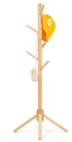 Relquorax Appendiabiti per bambini in legno di faggio, supporto regolabile in altezza con 9 ganci, organizer autoportante per vestiti per bambini, per corridoio, camera da letto, facile da montare