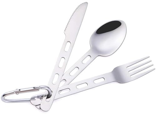 JYTDBCS 3Pcs Camping Cutlery Set Stainless Steel Flatware Travel Cutlery Set Tableware Kit for Knife, Fork and Spoon Set with Carabiner for Hiking Picnic, Office On-The-Go